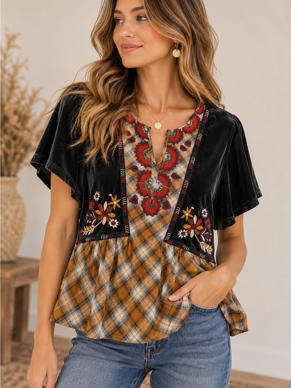 THML Embroidered Velvet Plaid Peplum Blouse – Size XS